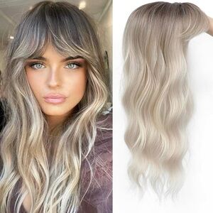 Hair Topper OMBRE LIGHT BLONDE with DARK ROOTS 20 Inch Bangs Clip In Piece NEW